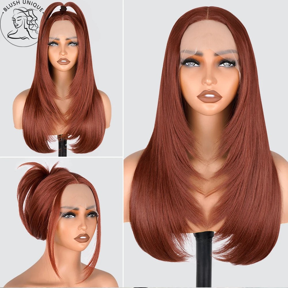 Reddish Brown Layered Lace Front Wig 13X6 Copper Red Straight Lace Front Wigs For Women Synthetic Glueless Heat Resistant Wigs