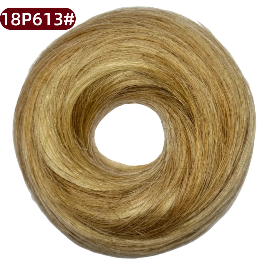 Messy Bun Hair Piece Human Hair Natural Black Wavy Tousled Stretchy Fluffy Donut Updo Elegant Chignon with Elastic Rubber Band