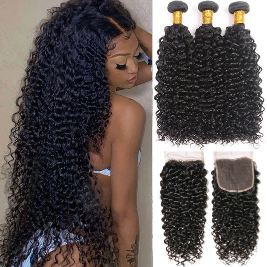 Brazillian Kinky Curly Hair Bundles With Closure Remy Human Hair Weave 3 Bundles with Closure Human Hair Extension capelli umani