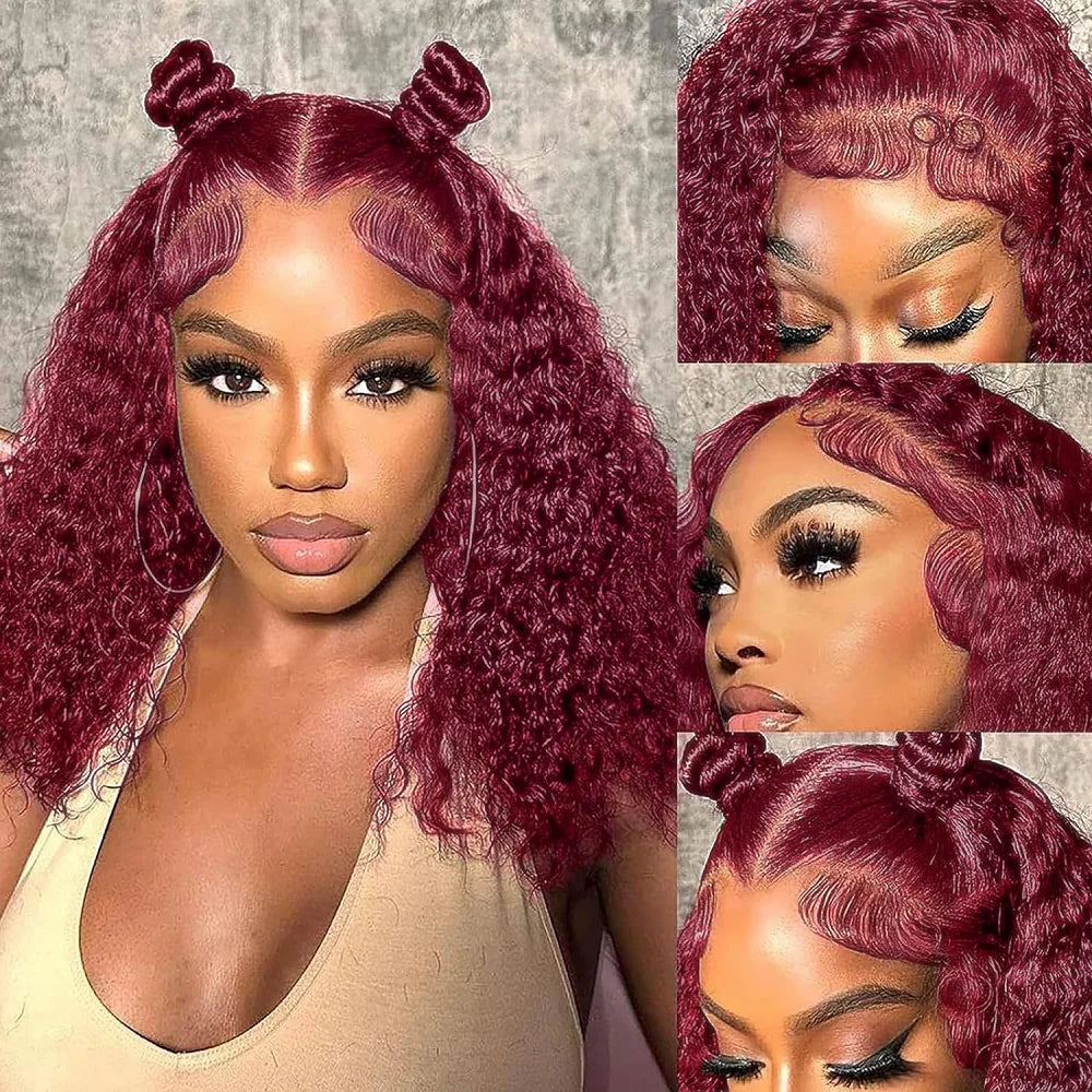 99J Burgundy Curly Wigs Brazilian 13x4 Full Lace Frontal Human Hair Wig 200% Density Colored Water Wave Short Bob Wig Human Hair