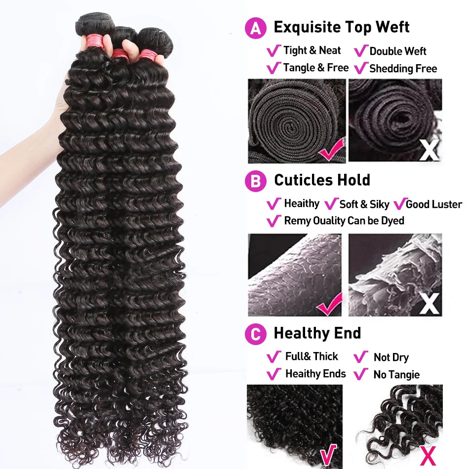 PD 30 32 36 40 Inch Deep Wave Human Hair Bundles Brazilian Remy Unprocessed Weaving Curly Hair Bundles Weave Extensions Deals