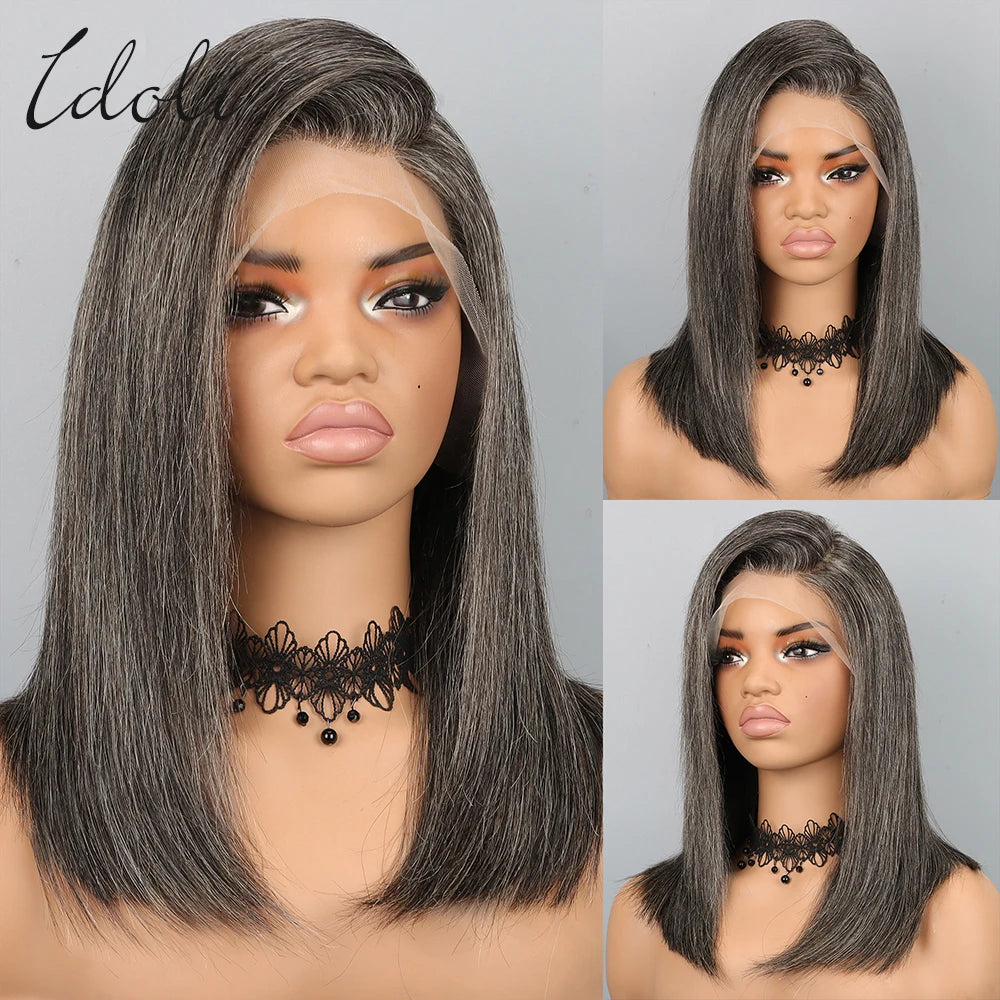 Salt and Pepper Grey Wigs Human Hair Bob Wig 13x4 Straight Lace Front Wigs Human Hair Natural Hairline Gray Human Hair Wig