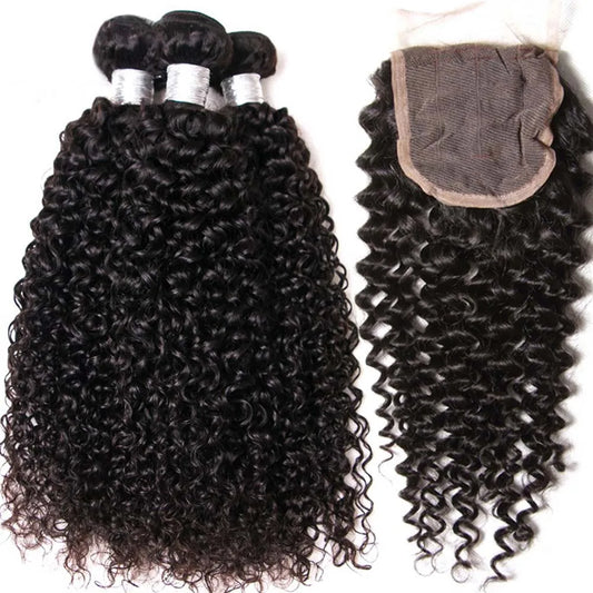 12A Kinky Curly Bundles With Closure Cheap Human Hair Extensions Jerry Curl Bundles Indian Deep Curly Wave Bundles With Closure