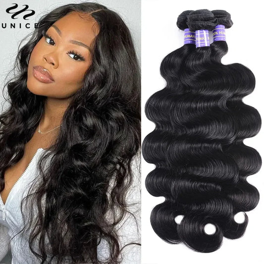 Unice Hair Natural Black Body Wave Bundles 1/3/4 PCS Deal 100% Human Hair Bundles Sew In Bundles Quick Weaves
