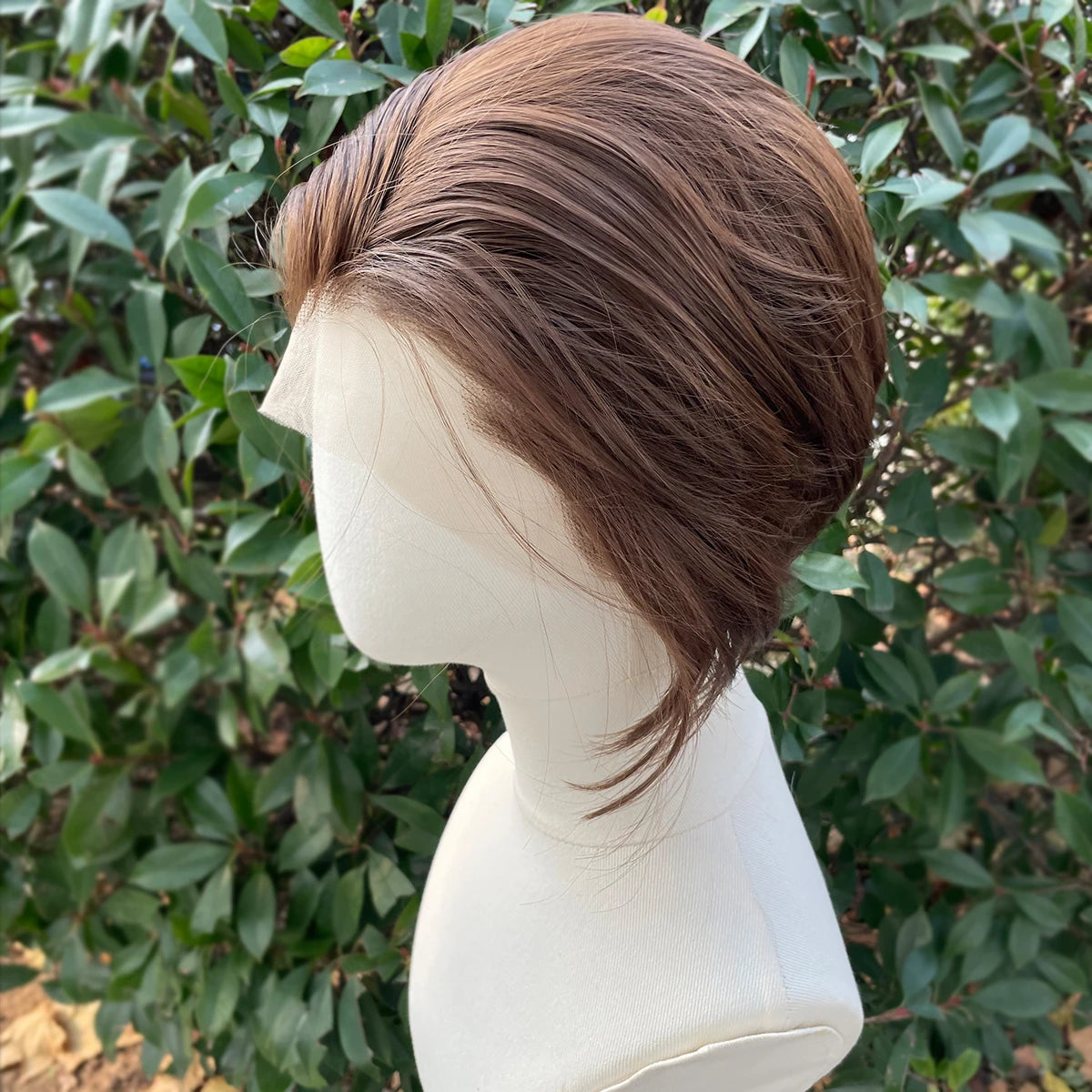 Widow‘s Peak Light Brown Synthetic Wigs for Men 13x4 Lace Front Wigs Short Bob Cut Cosplay Wigs for Women 150% Density Glueless