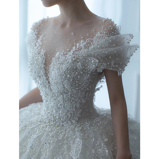 2024 New Luxury Wedding Dress The Shoulder V-neck Sexy Lace Applique Princess Wedding Gown With Pearls Vestido Noiva Customized