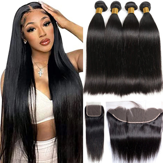 12A Raw Straight Virgin Hair Bundles With HD Frontals Meche Bresilienne Brazilian Born Straight Human Hair 3 Bundle With Closure