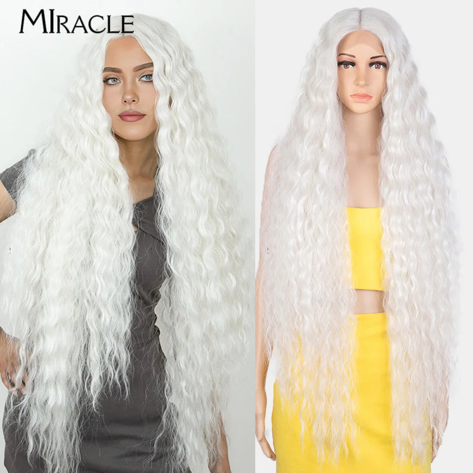 MIRACLE Synthetic Lace Front Wig For Women 40 Inch Water Wave Lace Wig Cosplay Wigs 613 Pink Blonde Wig Super Long Fiber Hair