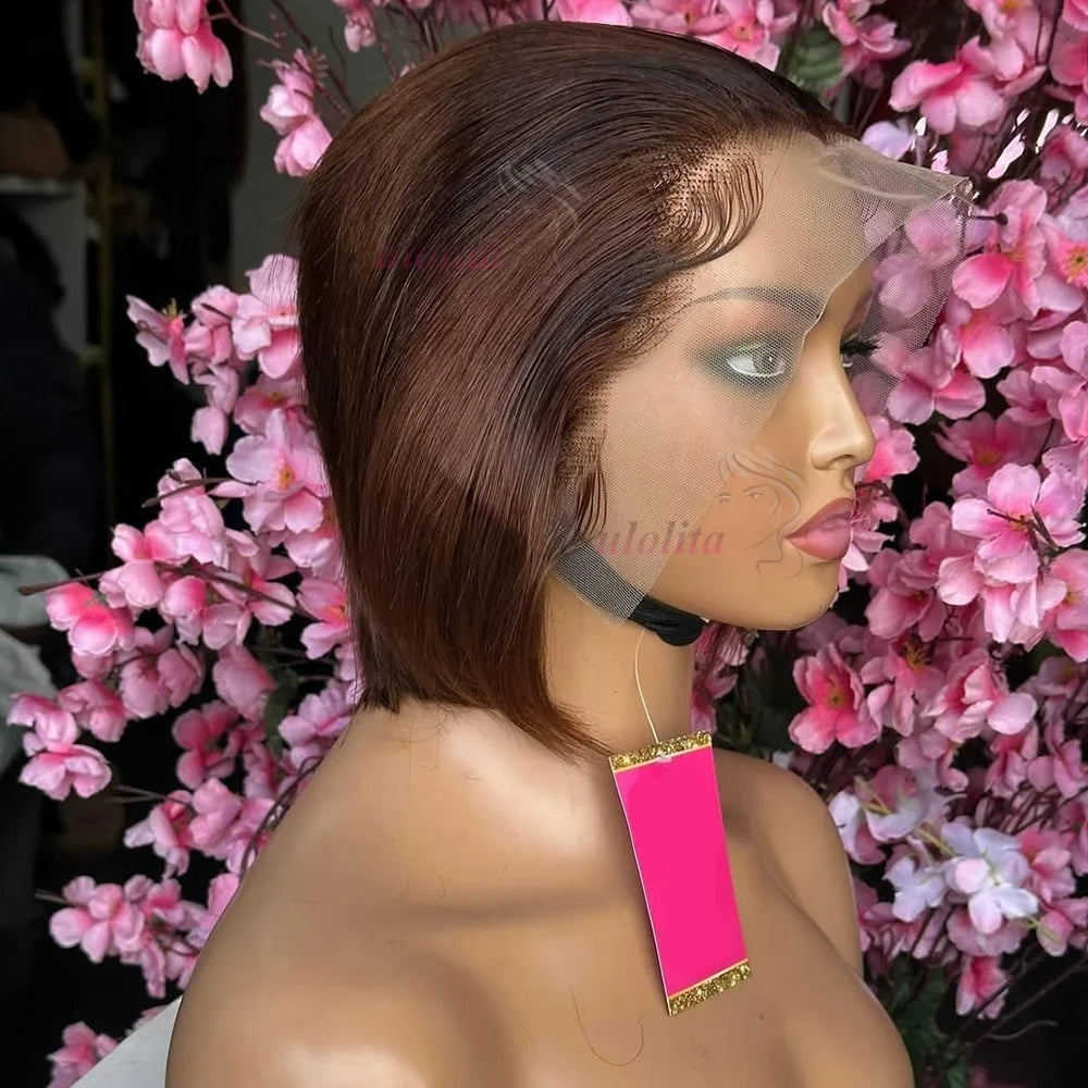 Ombre #1B Brown Short Pixie Cut Wigs For Women Human Hair 200% Straight Chocolate brown Lace Front Bob Wig Brazilian Remy Hair