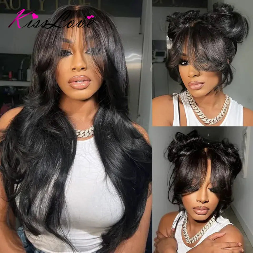 KissLove Invisi Strap 360 Lace Frontal Wigs Human Hair Layer Cut Body Wave with Bang Glueless Wigs Human Hair Salon Hairstyles
