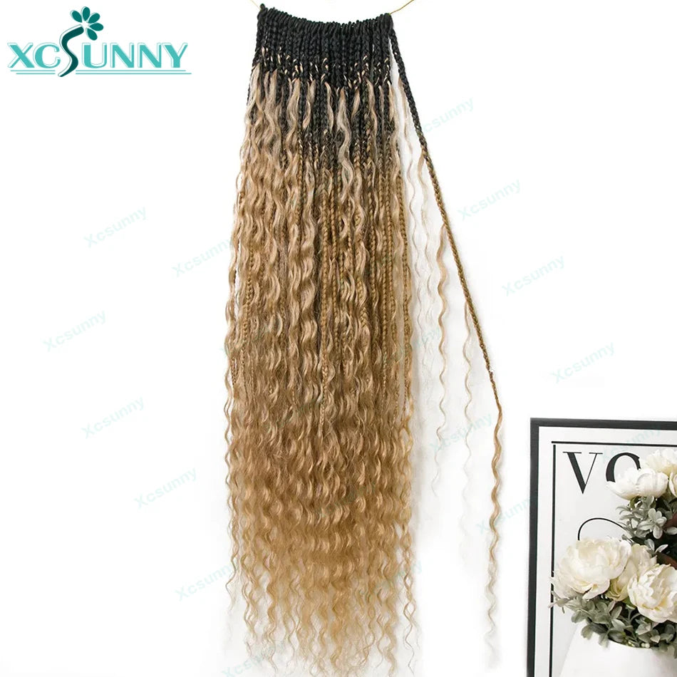 Ombre Crochet Boho Box Braids With Human Hair Curls Pre Looped Color 1b 4  1b 27 Crochet Box Braids Human Hair With Curly End