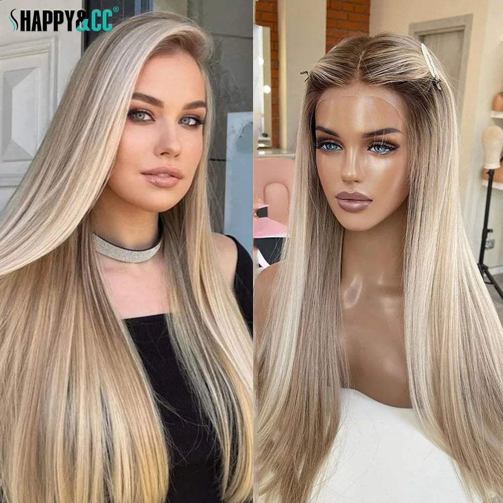 30 Inch Highlight Blonde Synthetic Lace Front Wigs Dark Roots Straight Long Ombre Ash Blonde Pre Plucked Colored Wigs for Women
