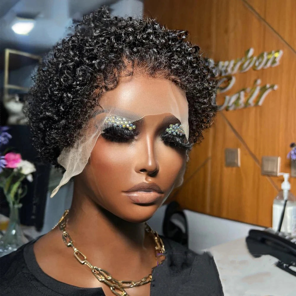 Kinky Curly Edges Natural Hairline Pixie Cut Wig Kinky Curly Human Hair Glueless Wig Short Bob Full Machine Made Wigs Ready Wear