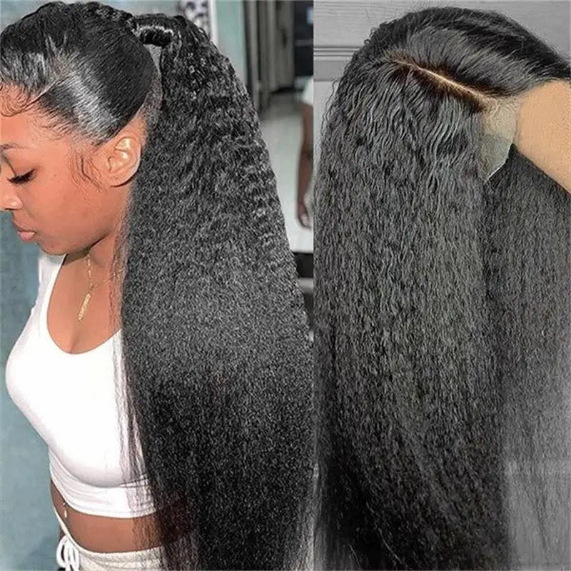 Kinky Straight Human Hair Wig 13X4 Kinky Straight Wig Human Hair  PrePlucked With Baby Hair Yaki Straight Lace Front Wigs