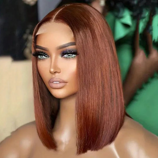 Rebecca Short Brown Color Bob Wig Peruvian Straight Lace Front Human Hair Wigs For Women 33 Reddish Brown 13*6*1 T Lace Part Wig