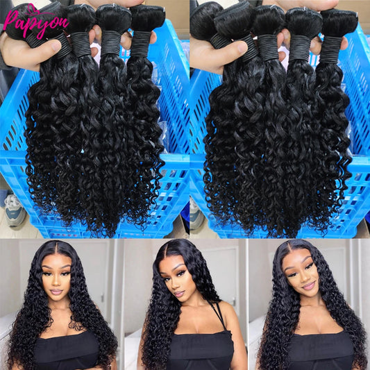 12A Peruvian Water Wave Bundles With  4x4 Closure Human Hair Bundle Jerrly Curly Hair Bundles With Closure Transparent Lace