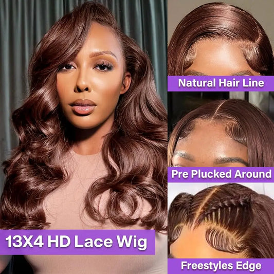 Chocolate Brown Body Wave Bob Wigs Human Hair 13x4 HD Lace Frontal Wigs 4# Colored 100% Human Hair Water Wave Preplucked 16 Inch