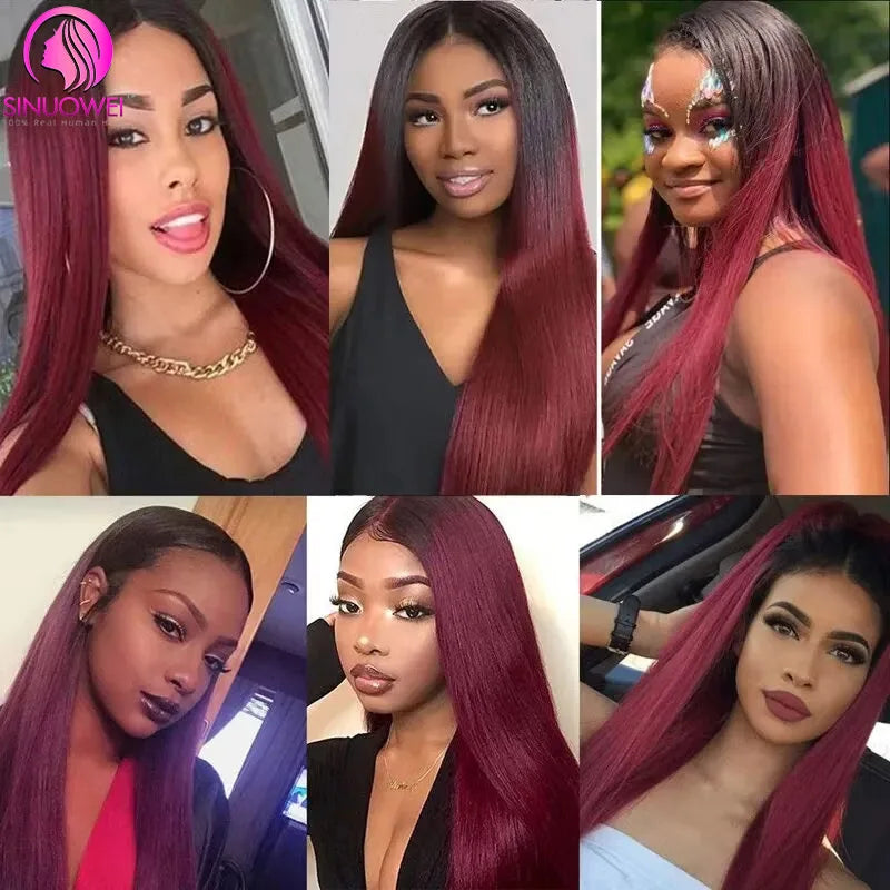 1B99J Ombre Straight Bundles With 13x4 Lace Frontal Human Hair 3/4 Bundles With Red Burgundy Straight Virgin Hair Closure