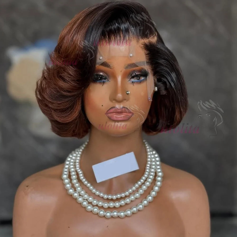Short straightBob Wigs 13x4 HD Lace Closure Wig Blunt Cut with face framing layers Glueless Human Hair Ombre Chocolate brown wig