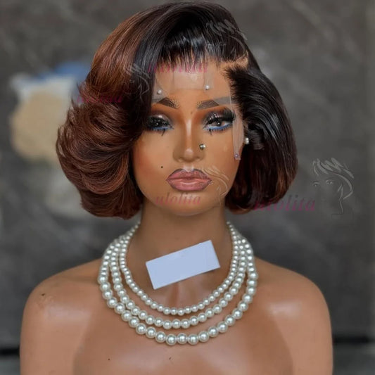 Short straightBob Wigs 13x4 HD Lace Closure Wig Blunt Cut with face framing layers Glueless Human Hair Ombre Chocolate brown wig