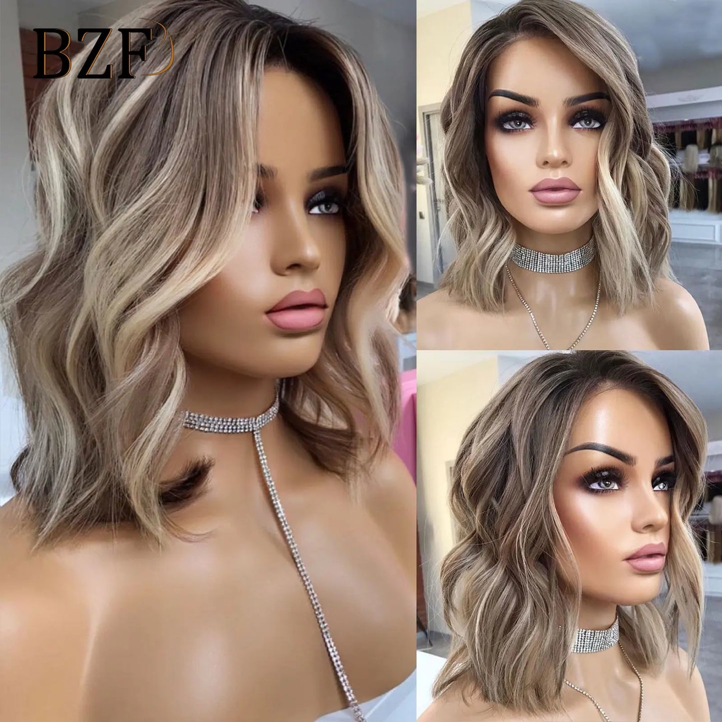Brown Highlight Short Bob Wavy Synthetic Wigs For Women Daily Use Dark Brown Roots Ash Brown Wig Pre Plucked Curly Blonde Wig