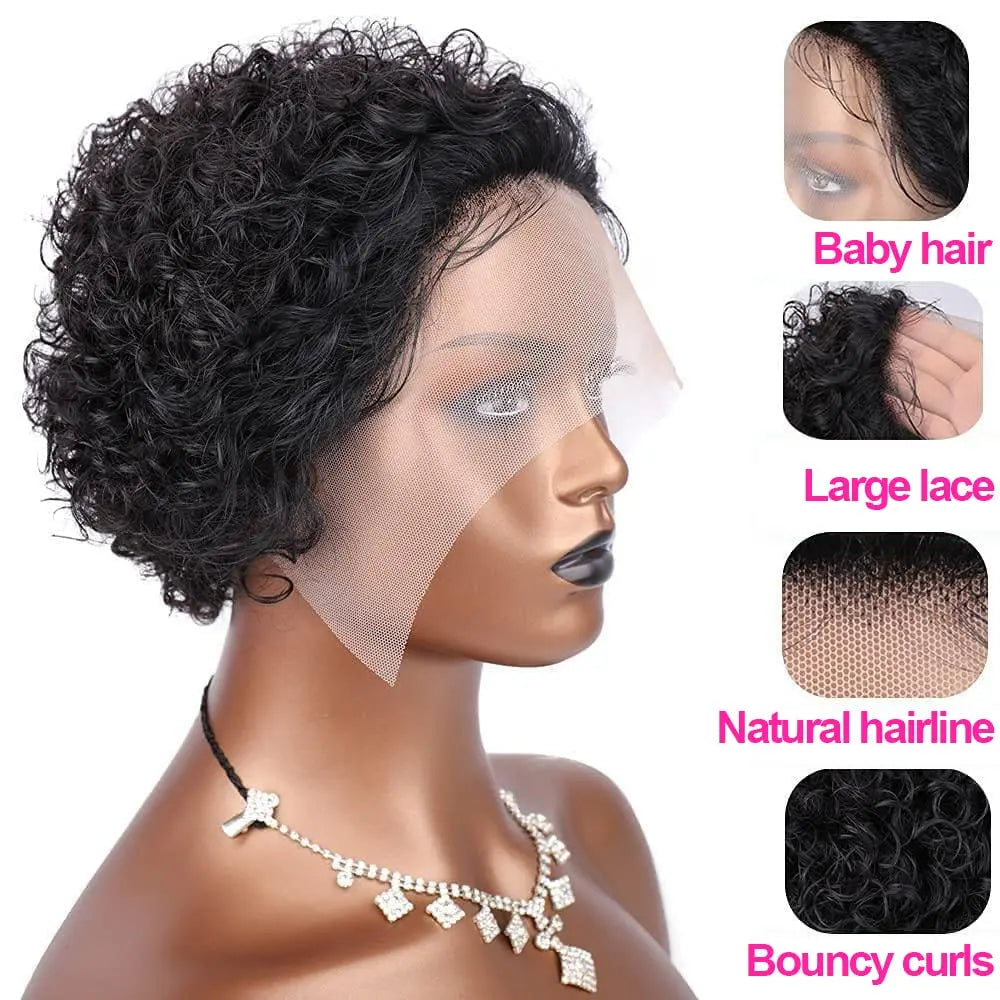 Short Curly Pixie Cut Lace Front Wigs 6 inch 13X1 Human Hair HD Lace Front Wigs Plucked for Black Women 6 Inch Natural Black