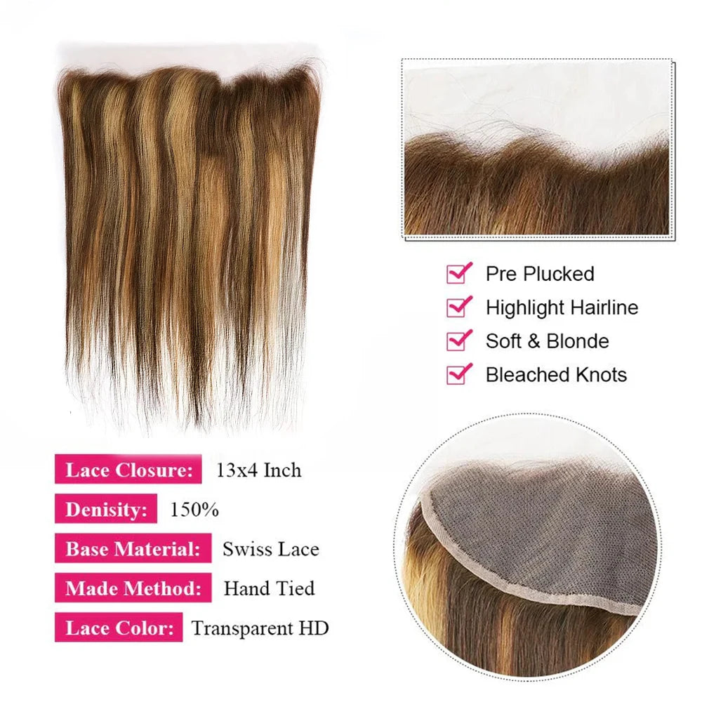 P4/27 Highlight Bundles With Closure Frontal 13x4 Straight Brazilian Human Hair Bundle With Frontal Ombre Blonde Hair Extensions