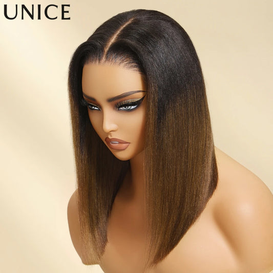 Unice Hair Chestnut Brown Yaki Straight Bob Wig 7x5 Pre Cut Pre Bleached Glueless Wig Human Hair Ready To Wear 150% Density