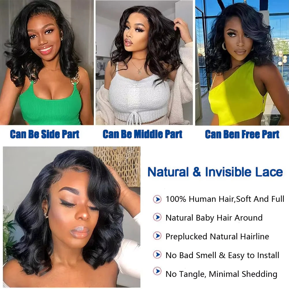 220 Density Body Wave Short Bob Wigs Human Hair 13x4 Transparent Lace Front Human Hair Wig Preplucked Lace Frontal Wig For Women
