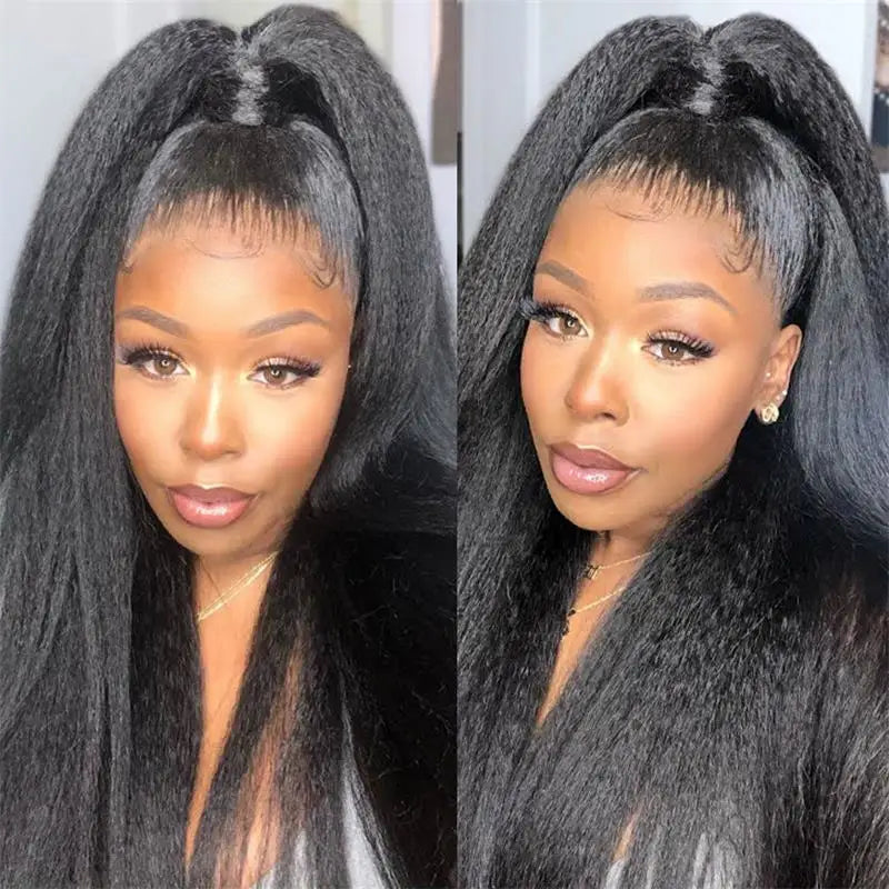 Kinky Straight Human Hair Wig 13X4 Kinky Straight Wig Human Hair  PrePlucked With Baby Hair Yaki Straight Lace Front Wigs