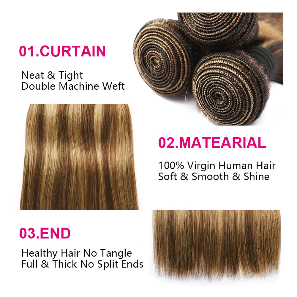 12A Highlight Bundles Straight Human Hair Bundles P4/27 Colored Ombre Honey Blonde Bundles Brazilian Hair Extensions Hair Weaves
