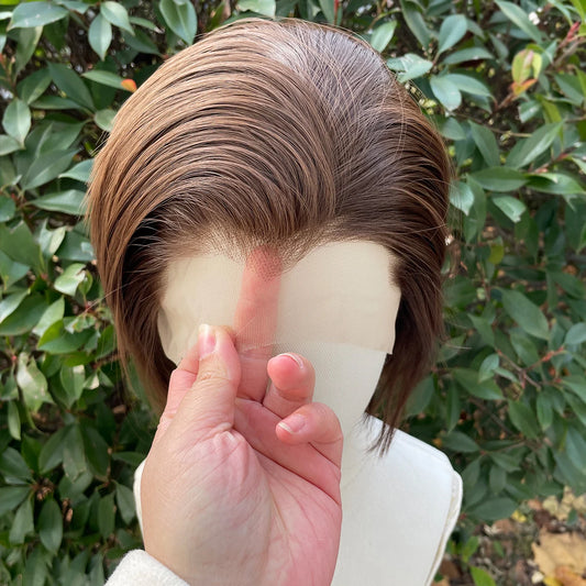 Widow‘s Peak Light Brown Synthetic Wigs for Men 13x4 Lace Front Wigs Short Bob Cut Cosplay Wigs for Women 150% Density Glueless