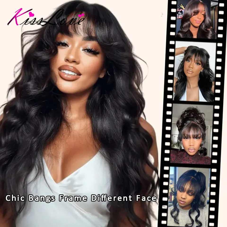 KissLove Invisi Strap 360 Lace Frontal Wigs Human Hair Layer Cut Body Wave with Bang Glueless Wigs Human Hair Salon Hairstyles