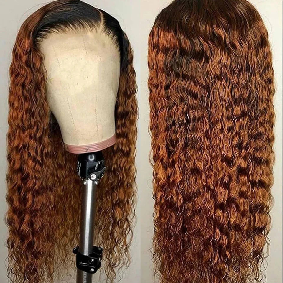 1B 30 Short Bob Kinky Curly Human Hair Wigs 13x4 Transparent Lace Frontal Wig Ombre Brown Colored 250% Density Brazilian Wigs