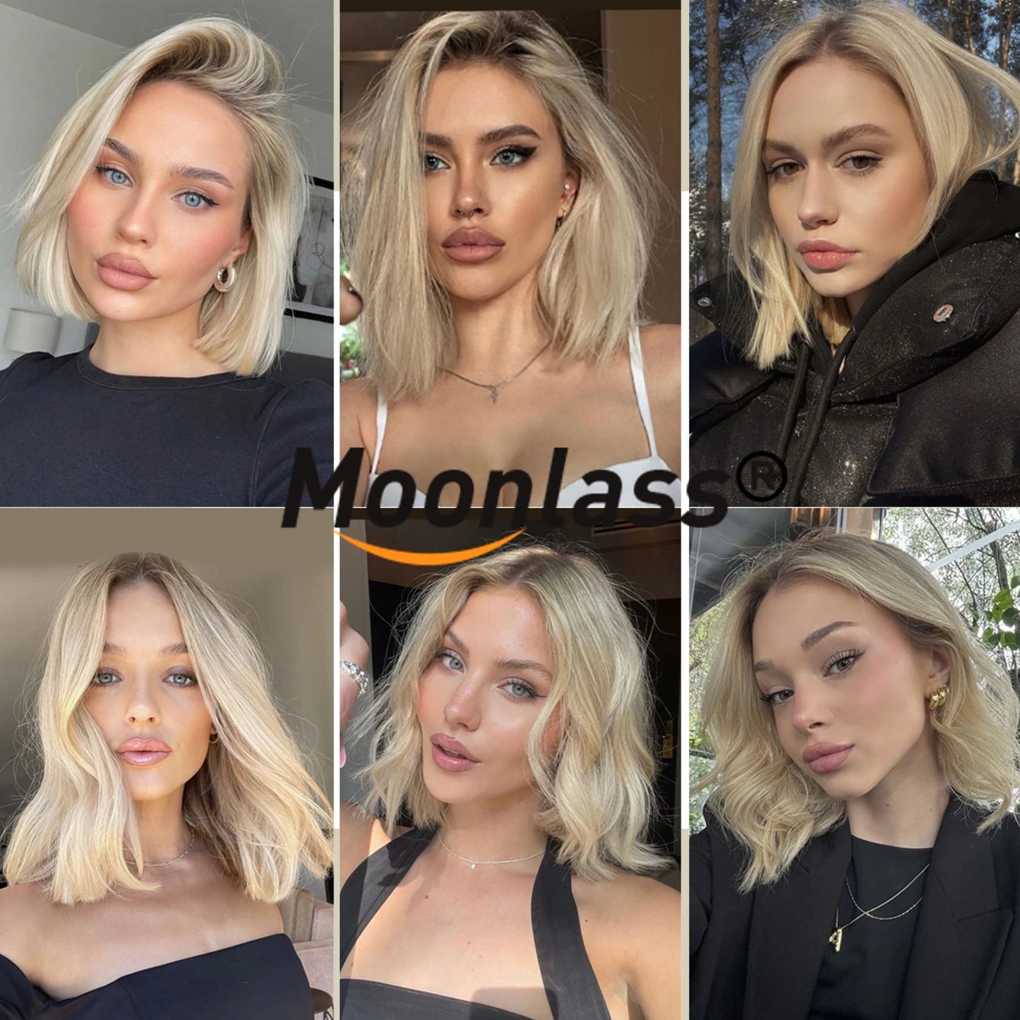 Moonlass Short Bob Cut Ash Blonde With Dark Root 100% Human Hair Wigs 220% Density Body Wave 13x4 Transparen Lace Front Wigs
