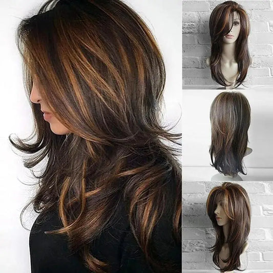 SuQ Classic Curly Wig Hair Synthetic Natural For Women Cosplay Brown WIth Blonde Heat Resistant Daily Wigs