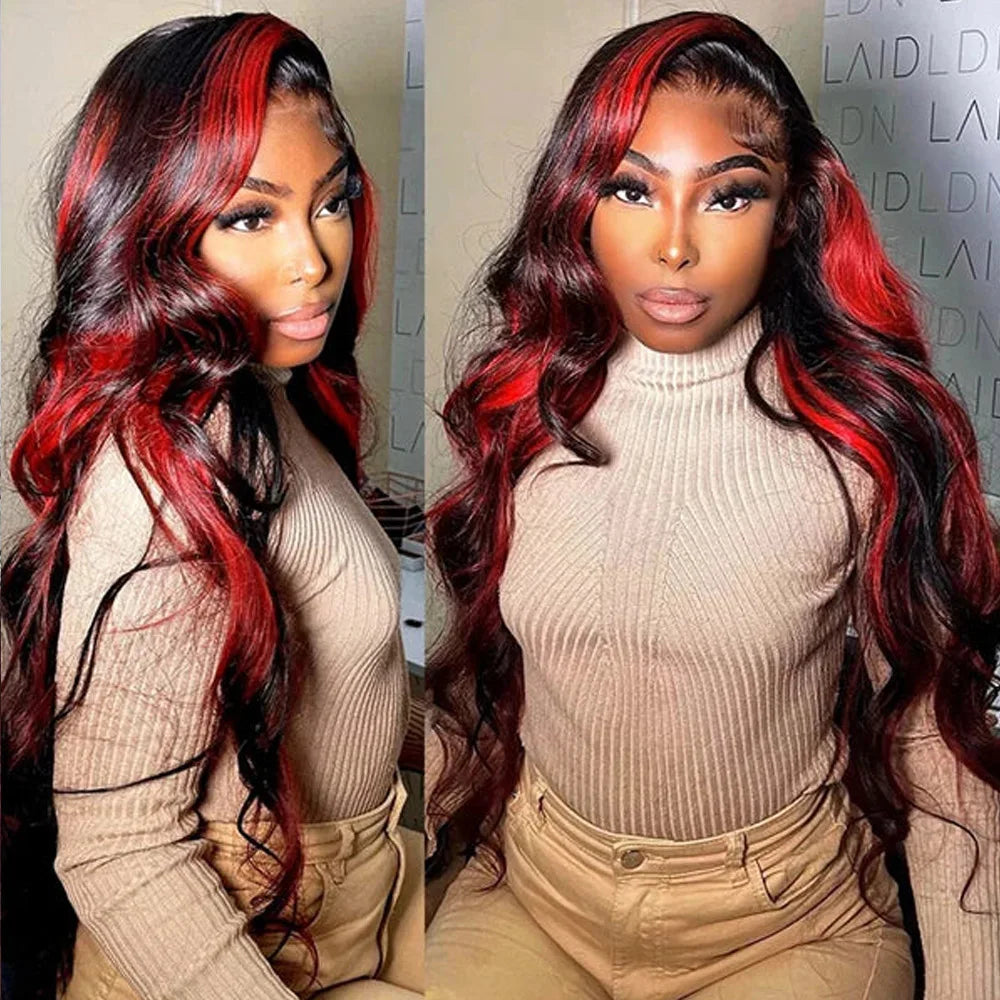 Ombre Burgundy Highlight Synthetic Lace Front Wigs Pre Plucked with Baby Hair Body Wave 13x4 HD Lace Front Wigs for Black Women