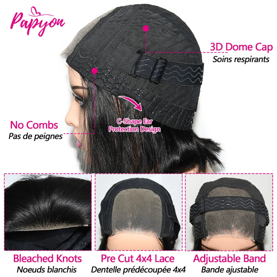 Short Bob Wigs Straight Glueless Wig Ready To Wear Human Hair Wigs Pre Cut 4x4 Elastic Drawstring Upgraded No Glue Lace Air Wig