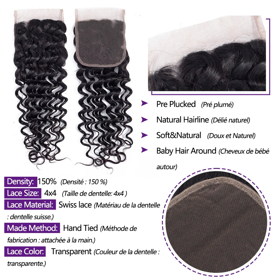 20 22 24 inch Deep Wave Hair Bundles with Closures 12A Raw Hair Long Thick Deep Curly Human Hair Bundles with 4x4 Lace Closure