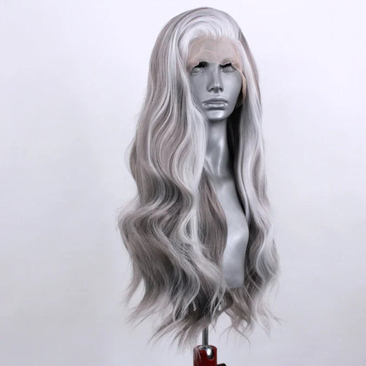 Long Highlight Grey Wigs for Women White Synthetic Lace Wig Body Wave Lace Front Wig Natural Hairline Cosplay Party Wear Wigs