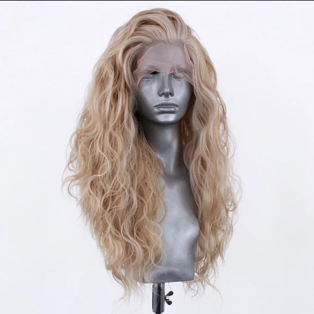 AIMEYA Long Wavy Blonde Synthetic Lace Front Wig for Women Fashion Style Lace Wigs Free Part Heat Resistant Fiber Wig Cosplay