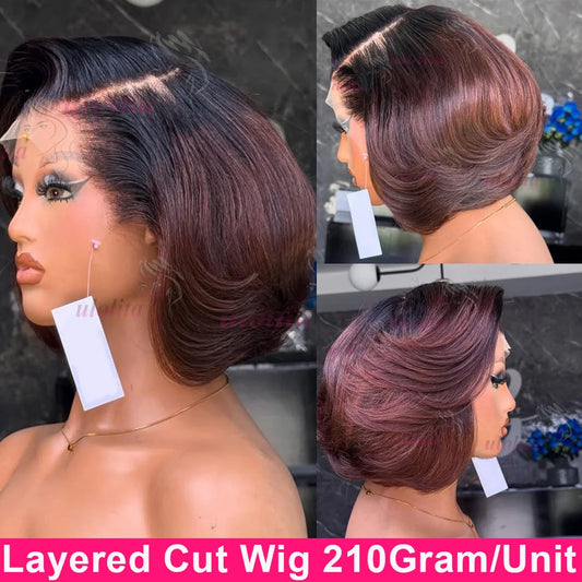 Short straightBob Wigs 13x4 HD Lace Closure Wig Blunt Cut with face framing layers Glueless Human Hair Ombre Chocolate brown wig