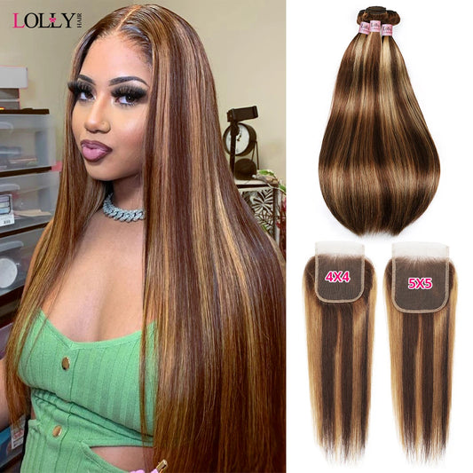 Brazilian P4/27 Highlight Bundles With Closure 4x4 5x5 Transparent Lace Closure With Straight Bundles 3/4 Bundles Human Hair