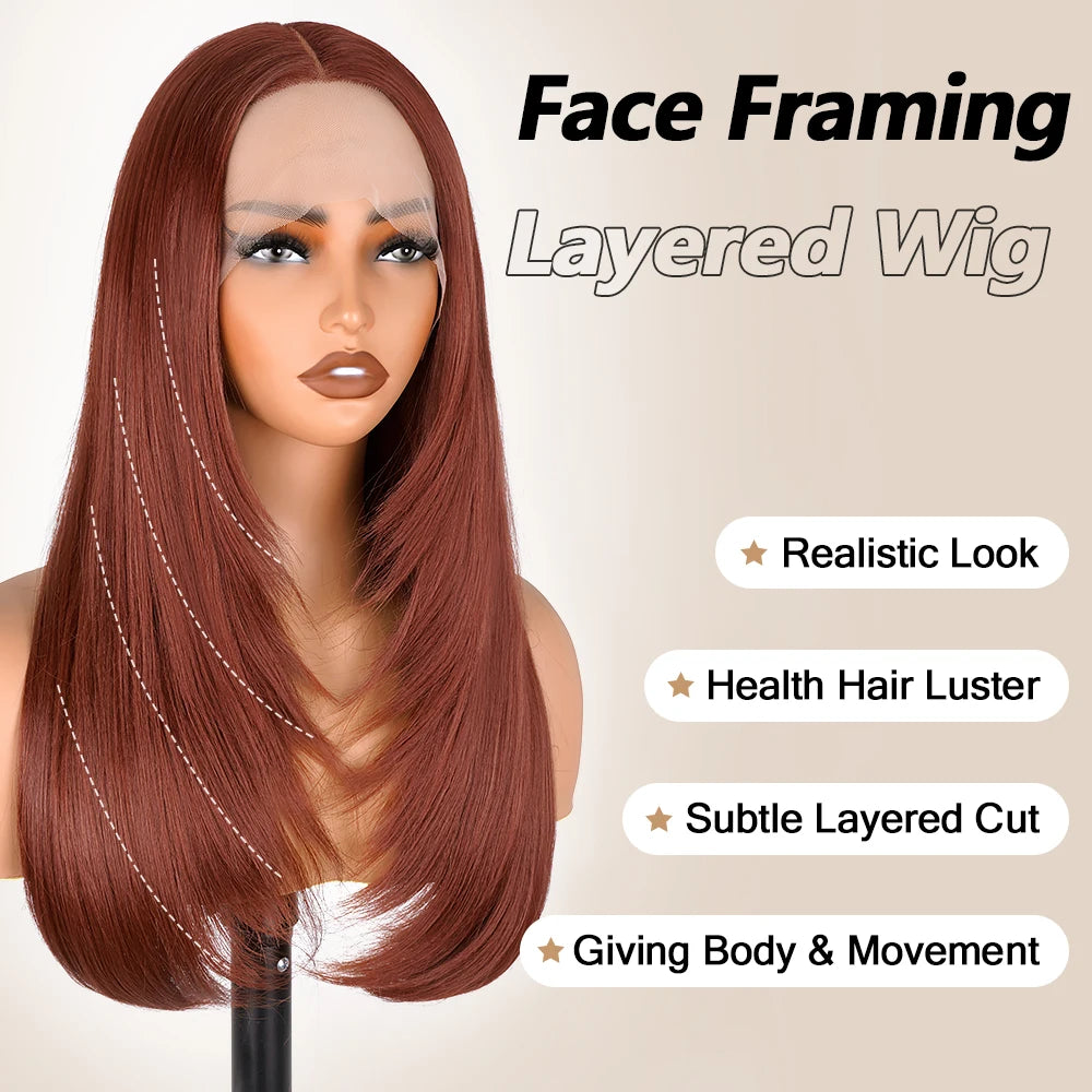 Reddish Brown Layered Lace Front Wig 13X6 Copper Red Straight Lace Front Wigs For Women Synthetic Glueless Heat Resistant Wigs