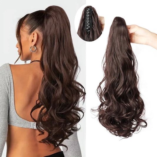 Synthetic Long Curly Wave Ponytail Claw Clip in Hair Extension Black Brown Hairpiece for Women