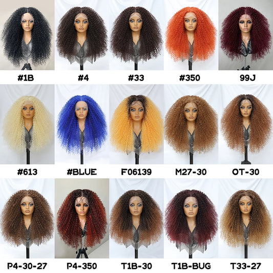 Long Afro Kinky Curly Synthetic Wig 24 Inch Jerry Curl Deep Part Lace Front Wigs For Female Ombre Blue Copper 613 Highlight Wigs