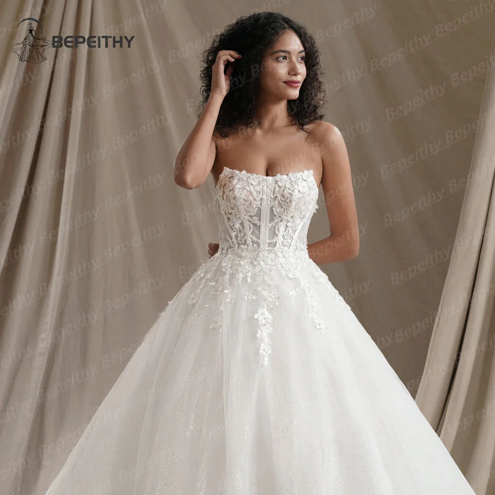 BEPEITHY Customized Strapless Glitter Princess Wedding Dresses 2025 Women Sleeveless 3D Flowers Bride Sexy Bridal Gown Vestido