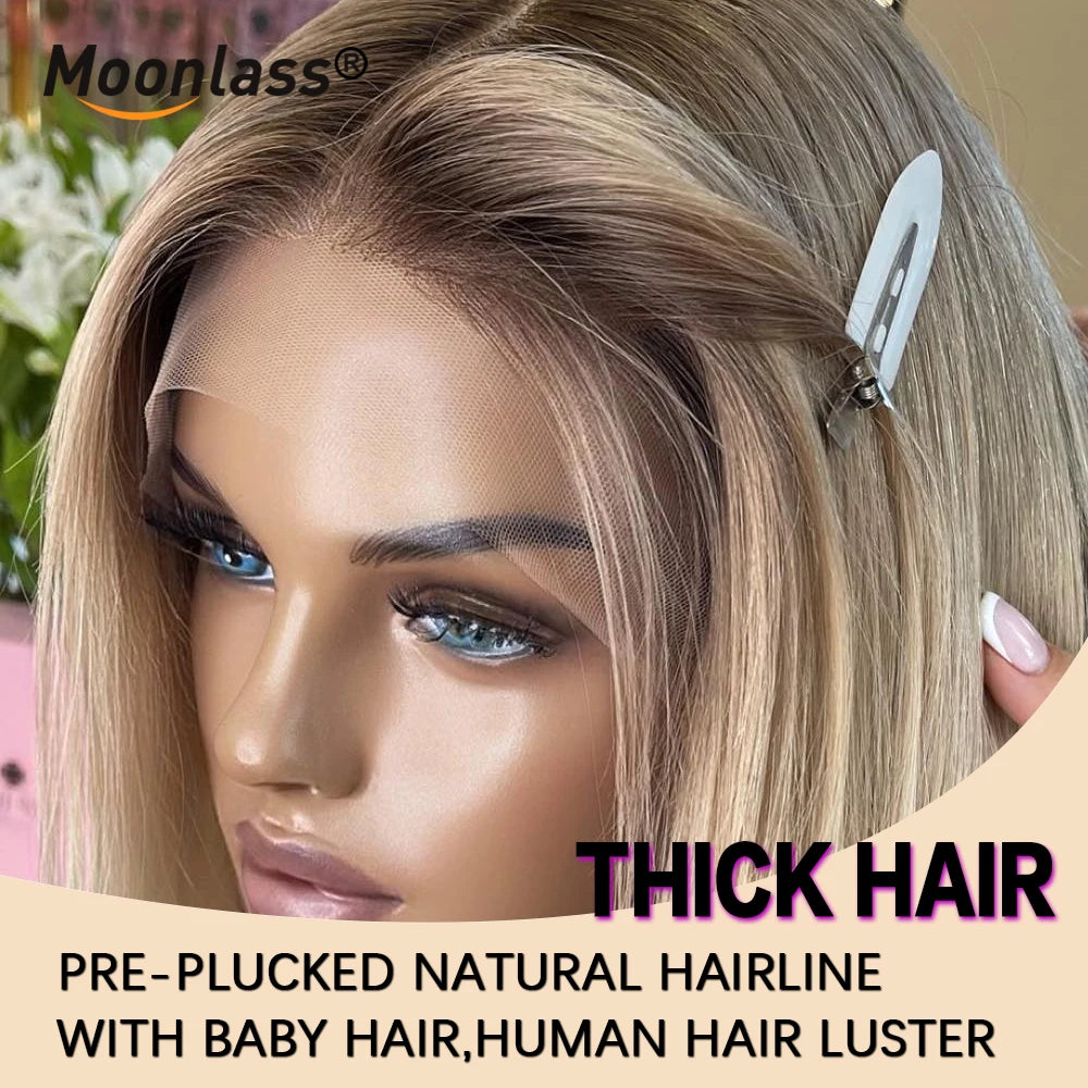Moonlass Short Bob Cut Ash Blonde With Dark Root 100% Human Hair Wigs 220% Density Body Wave 13x4 Transparen Lace Front Wigs