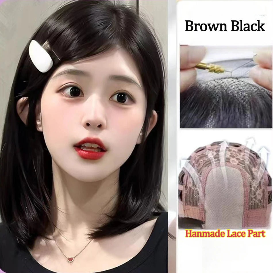 Shoulder Layered Synthetic Wig For Women Daily Use 16Inch Heat Resistant BOB Wig With Lace Front Brown Black Lolita Cosplay Wigs