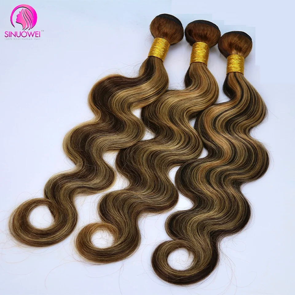 P4/27 Highlight Body Wave 3/4 Real Human Hair Bundles With 13x4 Transparent Lace Frontal Pre-Plucked Peruvian Remy Hair